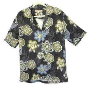 Tommy Bahama Mens M 100% Silk Hawaiian Button Shirt Floral Gray Green Blue Multi